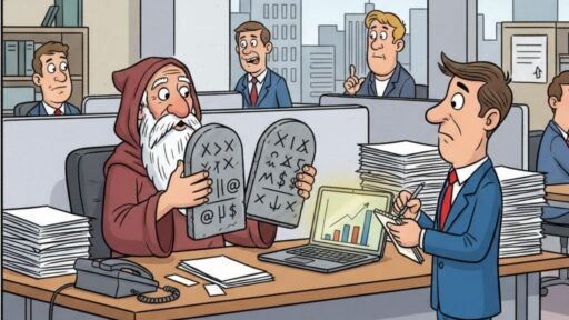 Caricatura de oficina con monje sosteniendo tablas antiguas