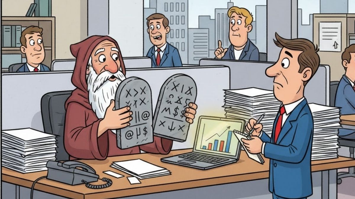 Caricatura de oficina con monje sosteniendo tablas antiguas