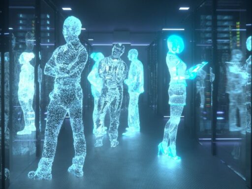 Hologramas humanos en un centro de datos futurista