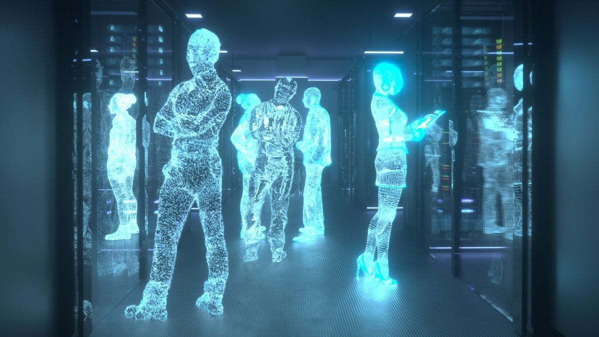 Hologramas humanos en un centro de datos futurista