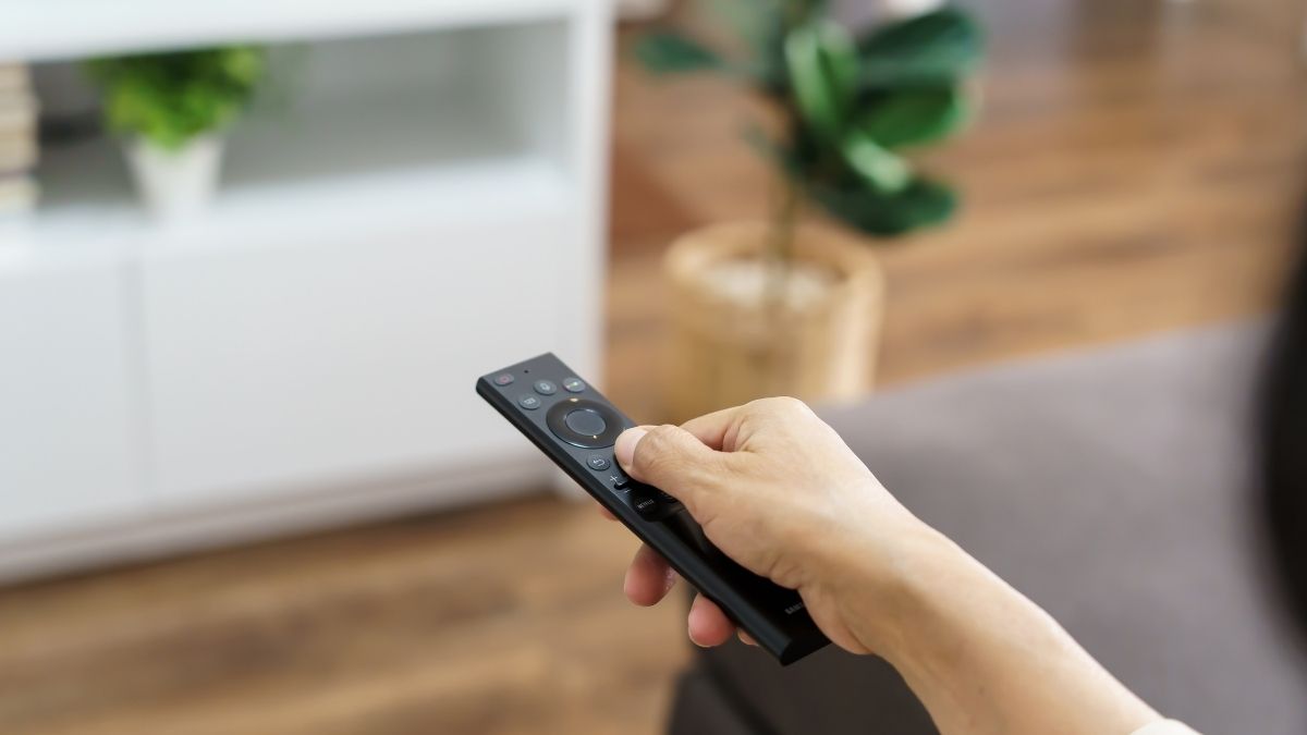 Persona usando mando a distancia en el salón
