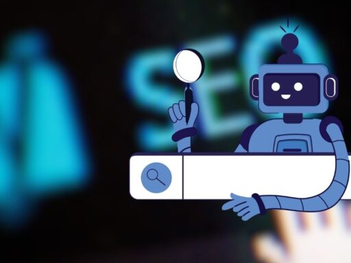 Robot ilustrado con lupa sobre búsqueda SEO