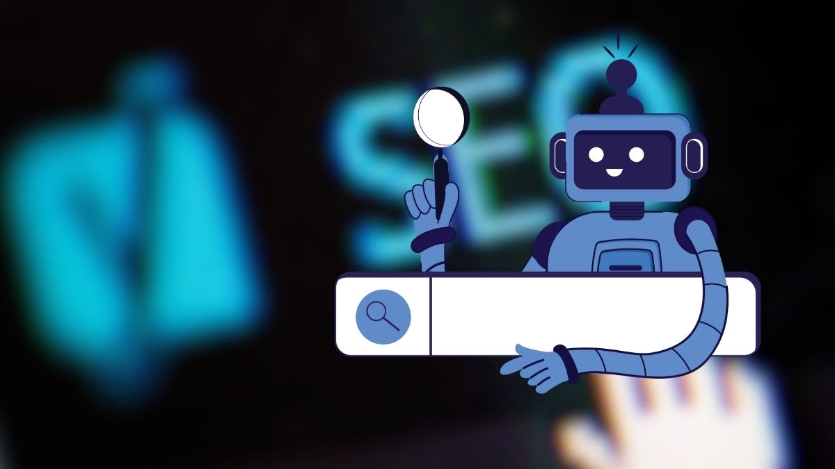 Robot ilustrado con lupa sobre búsqueda SEO