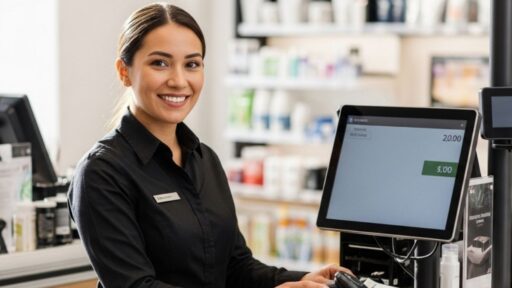 Cajera atendiendo en mostrador de tienda moderna