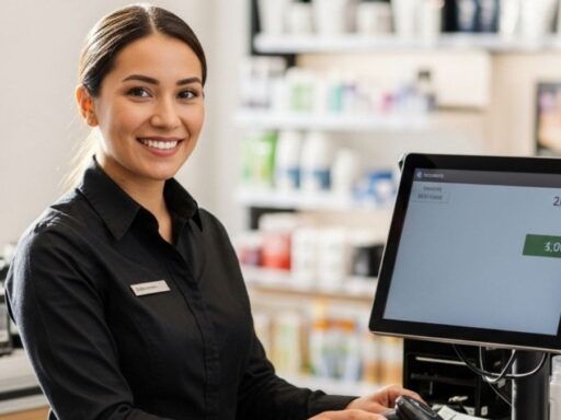 Cajera atendiendo en mostrador de tienda moderna