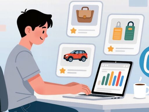 Persona trabaja en ordenador analizando gráficos y productos