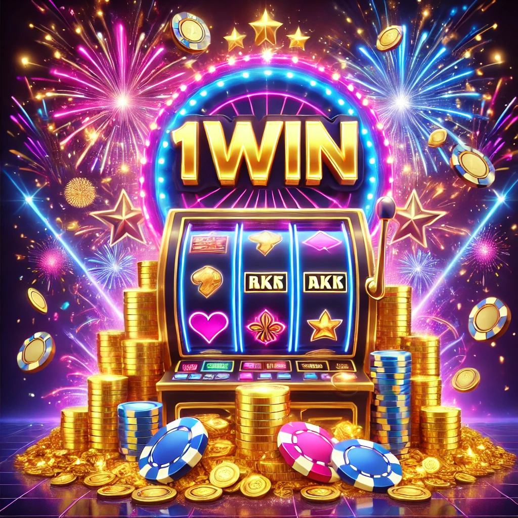 Tragaperras brillante con monedas y fuegos artificiales