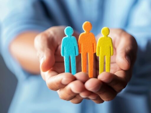 Manos sosteniendo figuras humanas de colores