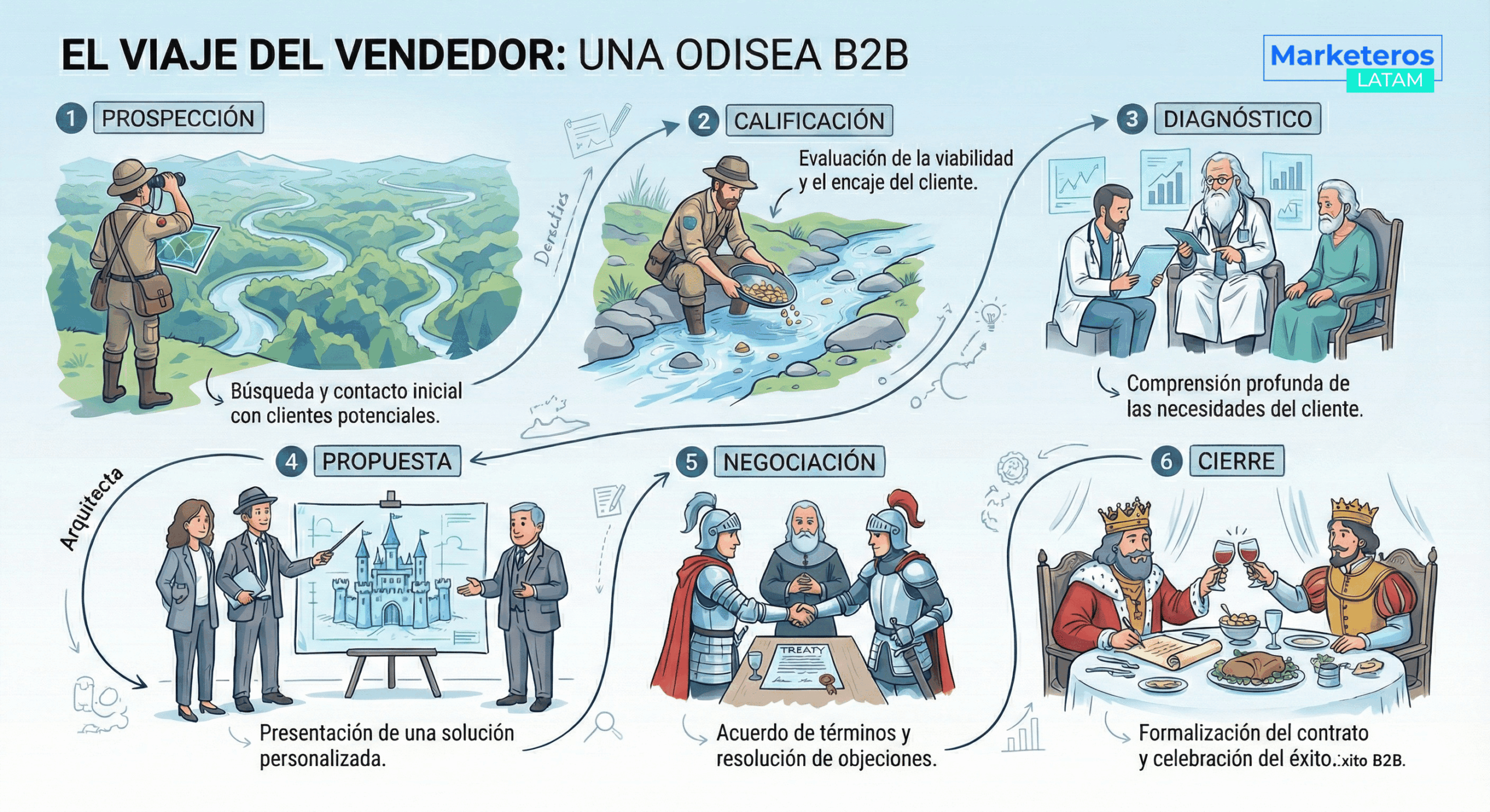 Etapas del viaje del vendedor B2B ilustradas
