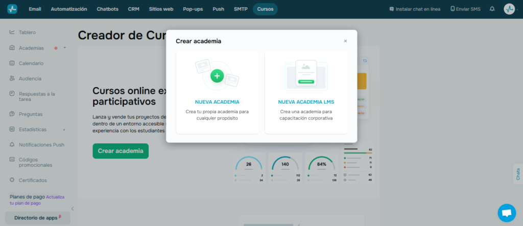 Interfaz para crear nueva academia en línea