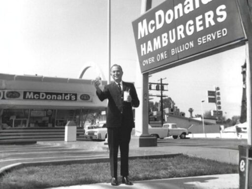 Antiguo restaurante McDonald's con cartel de hamburguesas.