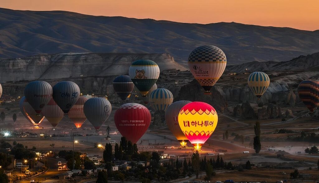 Globos aerostáticos al amanecer sobre montañas