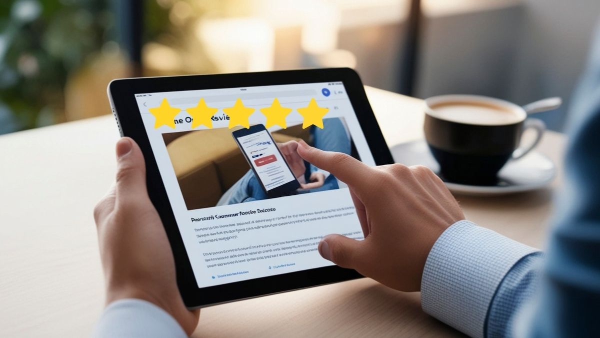 Persona leyendo reseñas en tableta con cinco estrellas